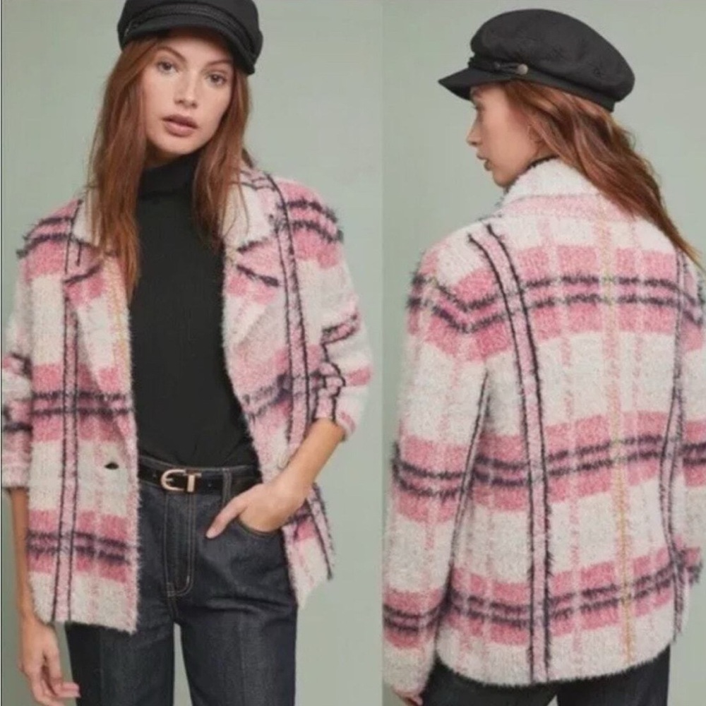 Anthropologie Plaid Teddy Jacket in Pink and Cream